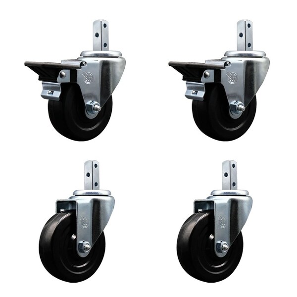 4'' Hard Rubber Wheel Swivel 3/4'' Square Stem Caster Set 2 Brakes, 4PK